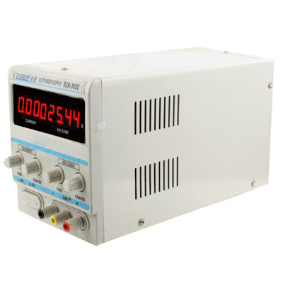 Linear adjustable DC power supply with red digital display and output terminals, white case