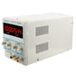 Linear adjustable DC power supply side view with cooling vents and front control knobs, white case