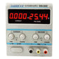 Adjustable DC power supply front panel with red voltage/current meters and knob controls, white