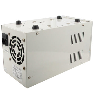 Adjustable DC power supply rear panel with fan vent, power inlet, and screw terminals, white