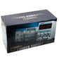 DC power supply retail box with blue and grey graphics and front panel photo