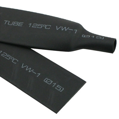 Black flexible heat shrink tube, marked TUBE 125°C VW-1, rolled spool segment