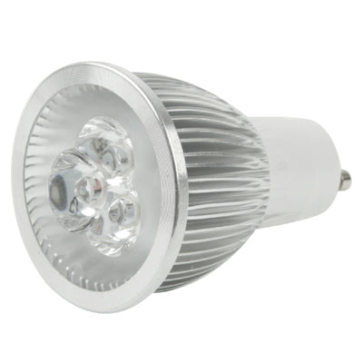 White LED spotlight bulb with 3 diodes, recessed lens and metal heat sink fins