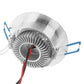 Stainless backplate of a 3-LED downlight with heat-sink fins and red/black wires