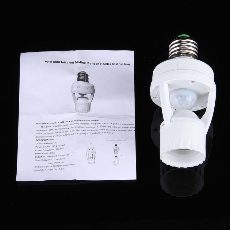 White E27 PIR motion sensor lamp holder shown with instruction leaflet and sensor