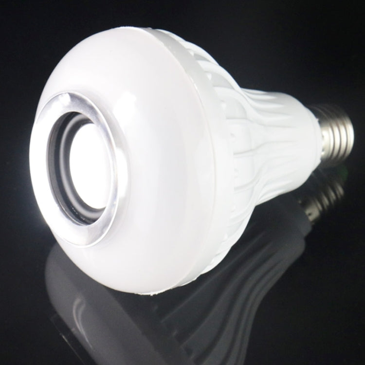 White smart LED bulb with standard screw base, angled view