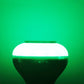 White smart LED bulb emitting green light, round diffuser glow