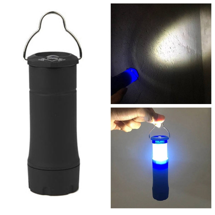 Black camping lantern flashlight with hanging handle, glowing white and blue light