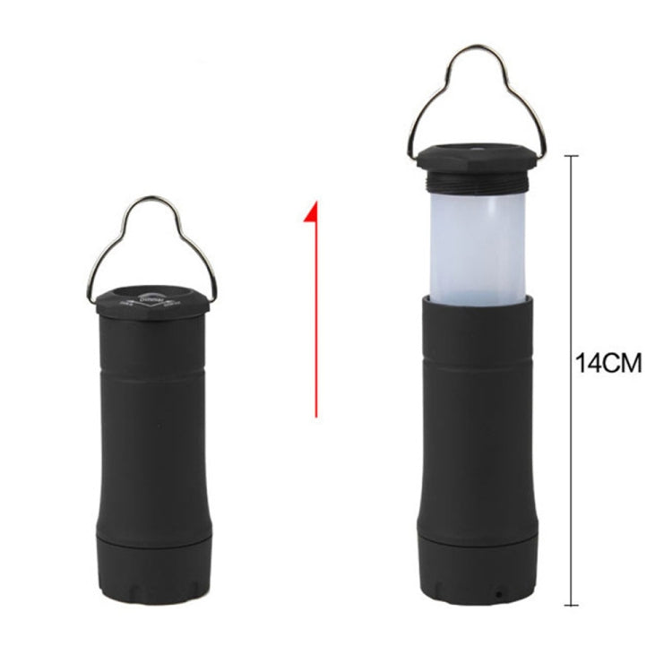 Black LED camping lantern flashlight with hanging handle, shown front and side height 14cm