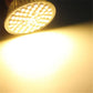 Warm white LED bulb switched on, clear lens with bright LED grid