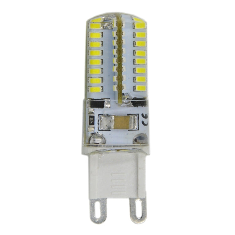 LED G9 bulb front view with 64 SMD 3014 LED strips, clear casing, two-pin base