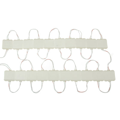 Two-row 3-LED SMD LED module strip with looped wiring and rectangular white PCBs