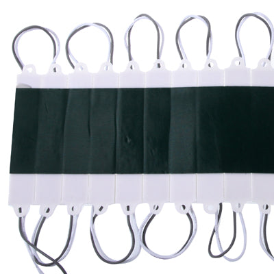 Warm white LED modules with black tape backing and white mounting clips