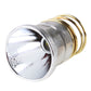CREE flashlight LED drop-in module close-up, silver reflector face with green lens
