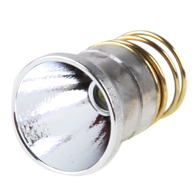 CREE flashlight LED drop-in module close-up, silver reflector face with green lens
