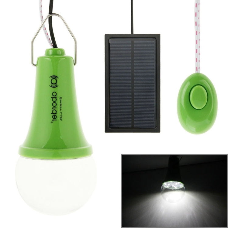 Solar-powered lighting system with green LED bulbs, black solar panel, and button switch