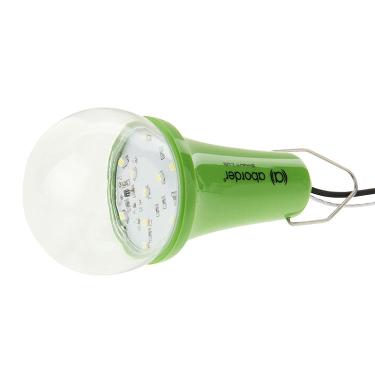 Solar-powered LED bulb with green base and clear dome showing LED array
