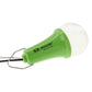 Solar-powered LED bulb with green body and metal hanging loop