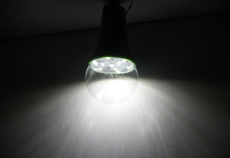 Solar-powered LED bulb glowing with clear dome