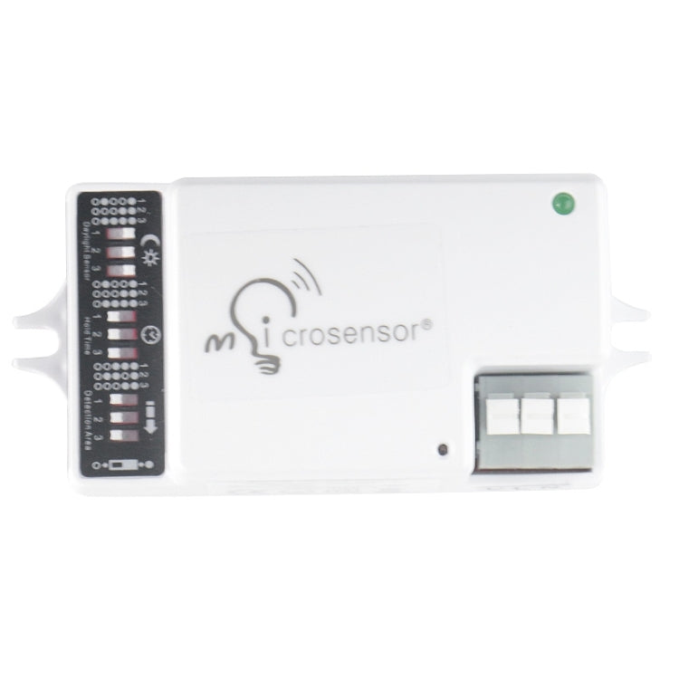 Automatic lighting control sensor module with DIP switch panel and terminal port, white