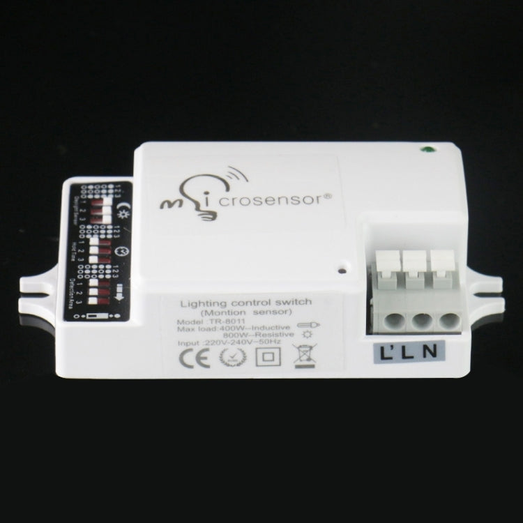 Automatic lighting control switch sensor with DIP settings and L/L N terminal labels
