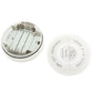 Round LED light base with exposed battery compartment and metal terminals