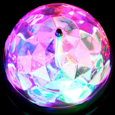 Glowing faceted LED bulb with rainbow prismatic pattern around the diffuser