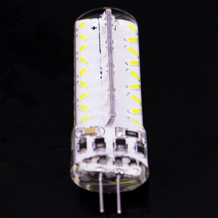 G4 LED light bulb front view with clear cover and white LED arrays, two pins