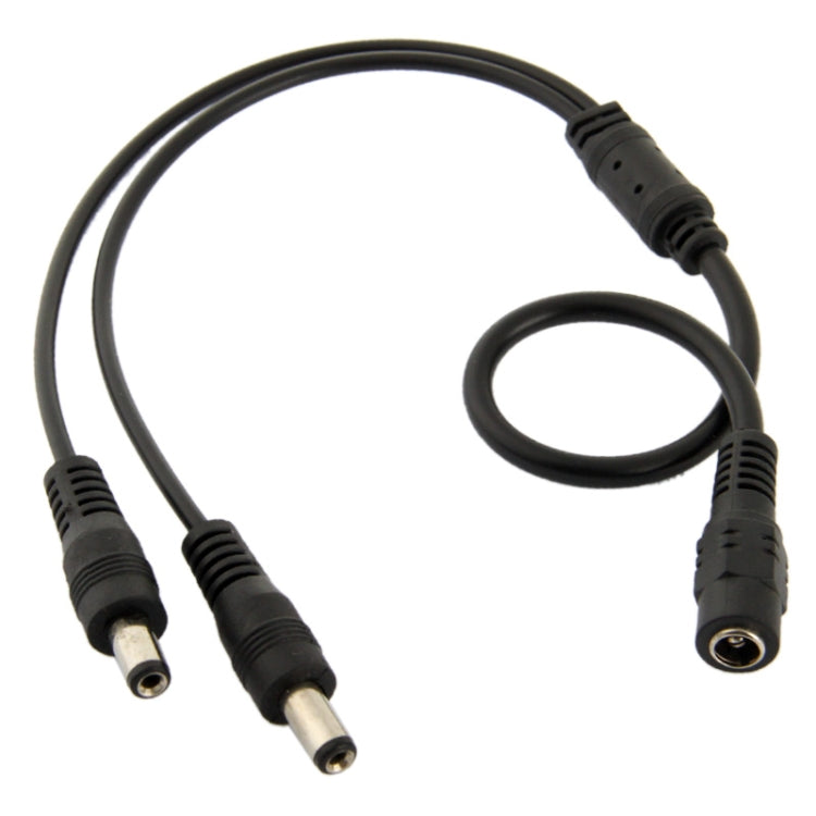 Black DC power connector cable, 5.5mm female to dual male barrel connectors, 35cm