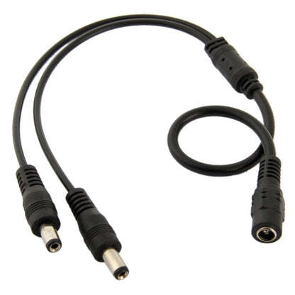 Black DC power connector cable, 5.5mm female to dual male barrel connectors, 35cm
