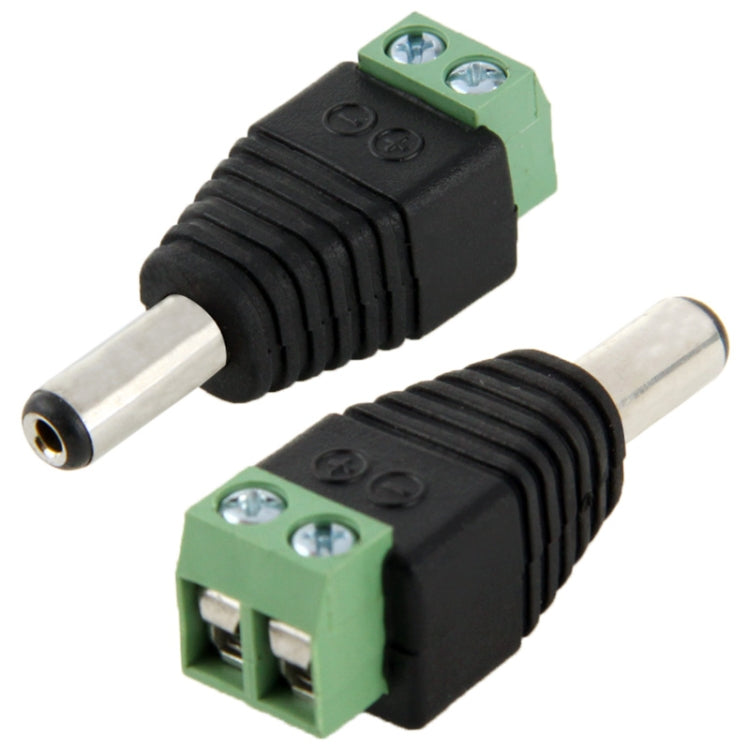DC power male jack to 2-conductor screw terminal adapter, black plug and green terminal block