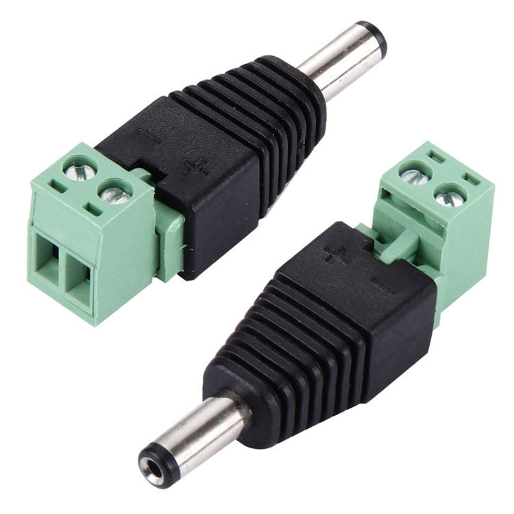 DC power male connector with black barrel, silver pin, green screw terminal block
