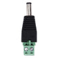 DC power male plug with black housing, silver center pin, green 2-pin terminal