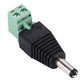 DC power male connector with black body and silver pin, green top-screw terminal