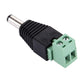 DC power male plug with silver pin and black ridged grip, green 2-pin terminal