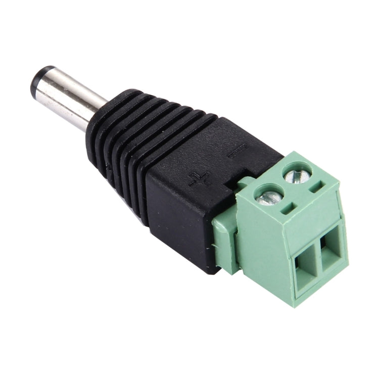 DC power male plug with silver pin and black ridged grip, green 2-pin terminal