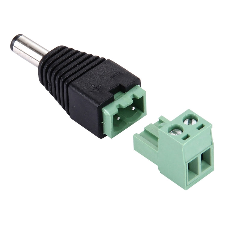 DC power male connector with black housing and silver pin, green terminal block