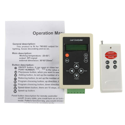 Operation manual page with LED controller and RF remote included in view