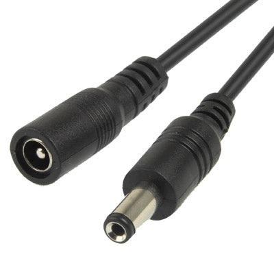 Black DC power barrel connector cable with female and male ends, 5.5x2.1mm