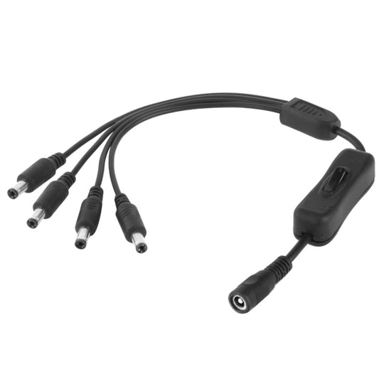 Black DC power cable connector with inline switch and multiple barrel plug outputs