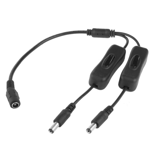 DC power cable splitter with switch, two male plugs and female socket, black 30cm