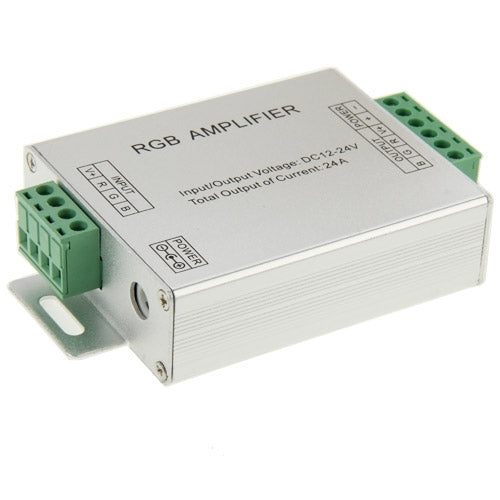 RGB amplifier LED controller, side view with green screw terminals and metal housing