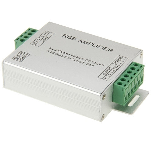 LED RGB amplifier with green terminal blocks on side, metal case and bracket