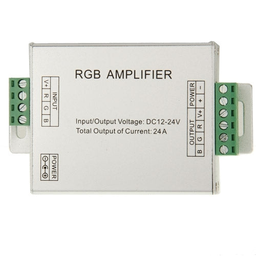 RGB amplifier LED controller back panel with input/output terminal strips and power label