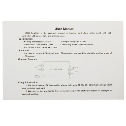 RGB amplifier user manual sheet with specifications text and connection diagram