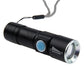 Black zoom LED flashlight with lanyard loop and textured grip, silver front bezel