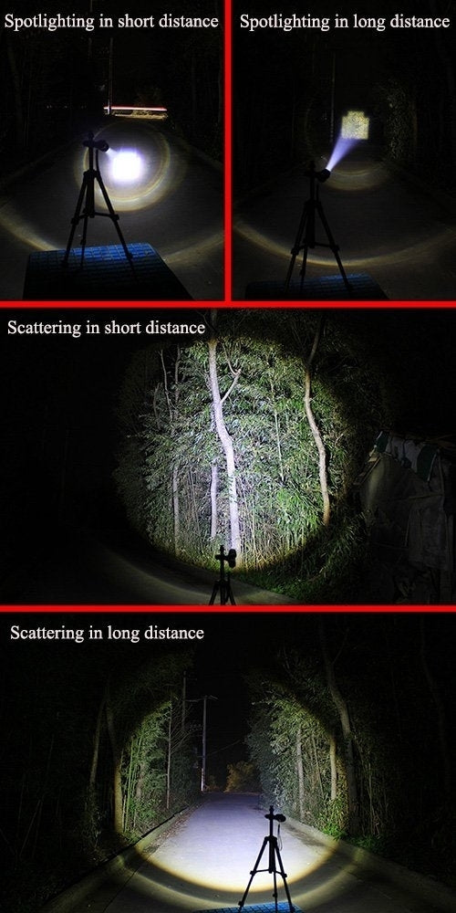 LED spotlight flashlight projecting bright beam onto ground, multi-angle pattern