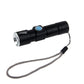 Black LED flashlight with lanyard cord and zoom head, compact cylindrical design