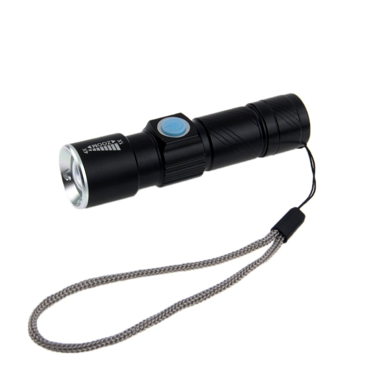 Black LED flashlight with lanyard cord and zoom head, compact cylindrical design