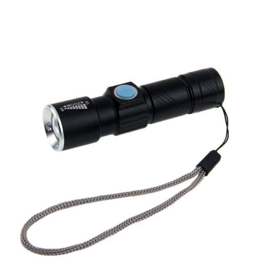 Black LED flashlight with lanyard cord and zoom head, compact cylindrical design